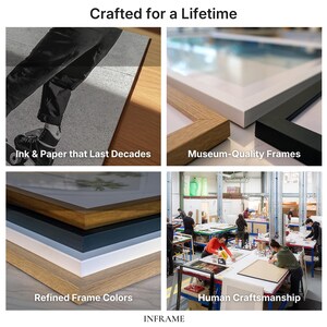 May include: A collage of images showcasing framed art. The top left shows a person's legs and feet with the text "Ink & Paper that Last Decades." The top right shows a close-up of a frame corner with the text "Museum-Quality Frames." The bottom left shows frame colors with the text "Refined Frame Colors." The bottom right shows people working on frames with the text "Human Craftsmanship."