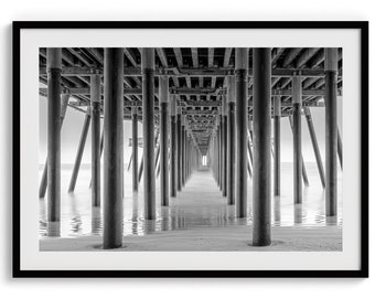 Black and White Beach Pier Fine Art Photography Print - Large Framed or Unframed Landscape Photography Poster of California Pismo Beach Pier