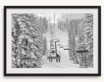 Fine Art Mountain Ski Print - Winter Forest Wall Art, Black and White Photography, Snow Mountain Ski Lift Art for Home or Cabin Decor