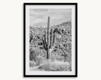 Saguaro Cactus Fine Art Photography-print - retro zwart-wit woestijnfotografie, ingelijste of ingelijste westerse poster voor interieurdecoratie