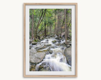 May include: A framed photograph of a flowing river in a forest. The water cascades over rocks, creating a blurred effect. The trees are lush green, and the frame is a light wood color.