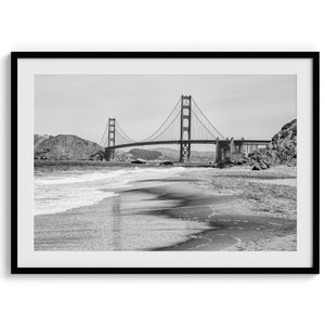 Golden Gate Bridge Reflection on Beach - Black and White Wall Art Print, San Francisco Photography, Modern Decor, Beach Theme Framed Decor.