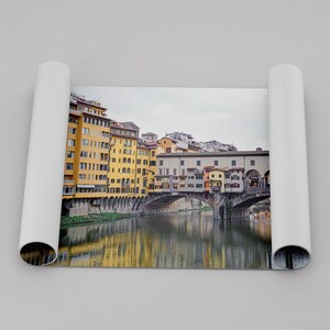 A colorful, vibrant fine art Florence print featuring the famous Ponte Vecchio medieval bridge.