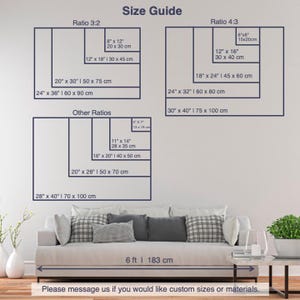 May include: A size guide graphic displays various rectangular art print sizes, including 8" x 12" (20 x 30 cm), 12" x 18" (30 x 45 cm), and 20" x 30" (50 x 75 cm). The guide also shows other ratios and sizes, such as 28" x 40" (70 x 100 cm).