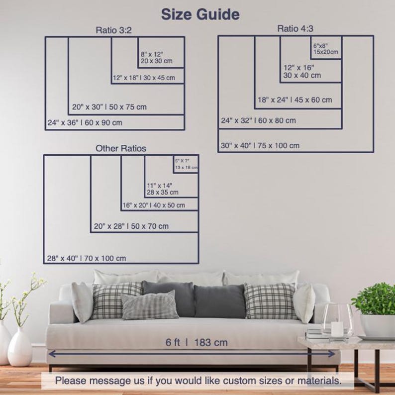 May include: A size guide graphic displays various rectangular art print sizes, including 8" x 12" (20 x 30 cm), 12" x 18" (30 x 45 cm), and 20" x 30" (50 x 75 cm). The guide also shows other ratios and sizes, such as 28" x 40" (70 x 100 cm).