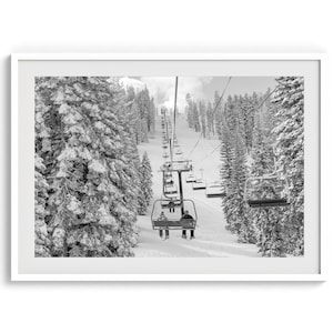 Fine Art Mountain Ski Print - Winter Forest Wall Art, Black and White Photography, Snow Mountain Ski Lift Art for Home or Cabin Decor
