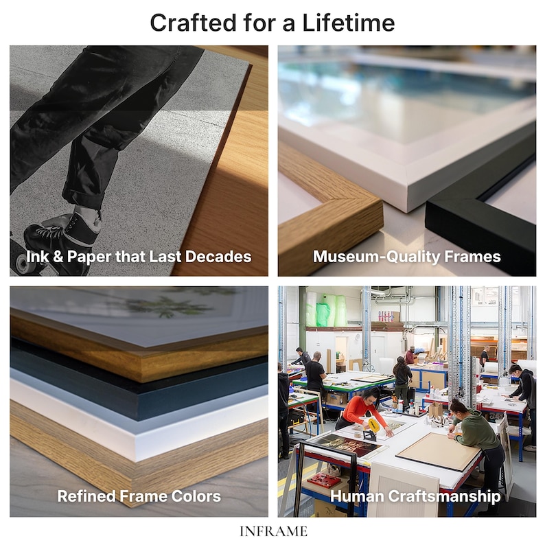May include: A collage of images showcasing framed art. The top left shows a person's legs and feet with the text "Ink & Paper that Last Decades." The top right shows a close-up of a frame corner with the text "Museum-Quality Frames." The bottom left shows frame colors with the text "Refined Frame Colors." The bottom right shows people working on frames with the text "Human Craftsmanship."