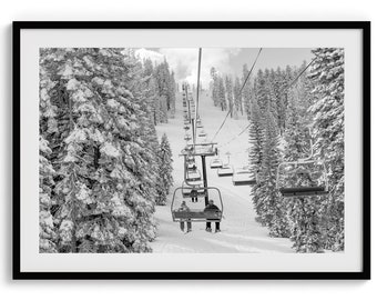 Fine Art Mountain Ski Print - Winter Forest Wall Art, Black and White Photography, Snow Mountain Ski Lift Art for Home or Cabin Decor
