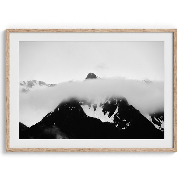 Fine Art Cloudy Mountain Print - Large Black and White Mountains Wall Art, Framed Alaska Landscape Photography Art for Home or Office Decor