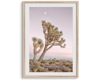 Joshua Tree Pink Sky Sunset with Moon Print - Extra Large Desert Sunset Photography Wall Art, California National Park Poster for Wall Decor