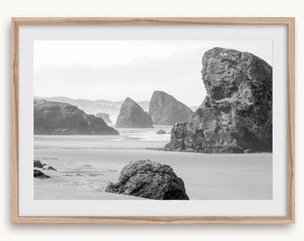 Fotografía artística de playas de Oregón - Arte mural costero en blanco y negro, obra de arte de paisaje marino grande, enmarcada o sin enmarcar para la decoración del hogar.