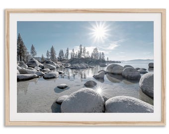 Fotografía artística del lago Tahoe - Arte mural de paisaje natural panorámico, gran obra de arte costera de playa y lago enmarcada para la decoración del hogar