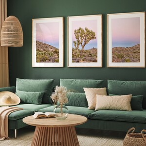 A wall art set of 3 framed or unframed Joshua Tree National Park prints.  This desert wall art showcases a stunning Joshua Tree and the desert terrain and plants in a breathtaking Pink sunset filled with Pink and Purple hues. Modern gallery wall set