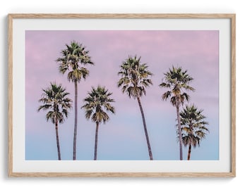 Pink Sunset Beach Palme Fine Art Print - Minimalistische Palmen Wandkunst, Strand Fotografie Kunstdruck, Küstendekoration
