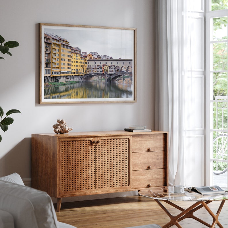 A colorful, vibrant fine art Florence print featuring the famous Ponte Vecchio medieval bridge.