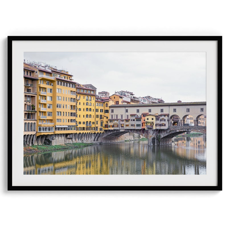 A colorful, vibrant fine art Florence print featuring the famous Ponte Vecchio medieval bridge.