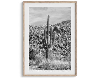 Saguaro Cactus Print: Retro Black and White Desert Photography, Framed Wall Art