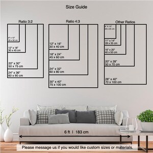 May include: A size guide chart displays various print sizes in inches and centimeters, including ratios 3:2, 4:3, and other ratios. The chart includes sizes like 8" x 12" (20 x 30 cm) and 30" x 40" (75 x 100 cm). The text "Please message us if you would like custom sizes or materials" is at the bottom.