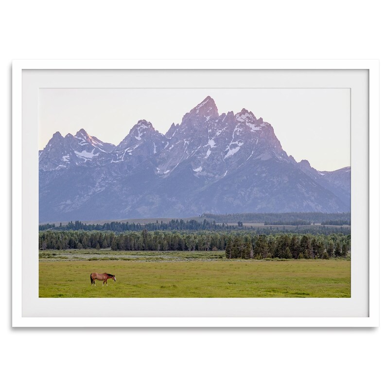 A stunning snow-covered mountain framed or unframed print from Grand Teton National Park with a beautiful horse grazing the grass in the forefront.