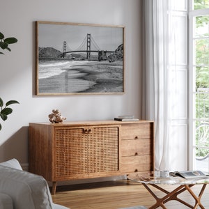 Fine art black and white print of Golden Gate Bridge from Baker Beach, San Francisco. Bridge with reflection in beach surf. Framed or unframed option available