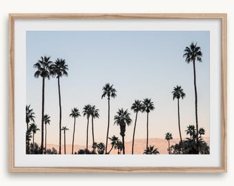 May include: A framed print featuring a silhouette of palm trees against a gradient sky. The sky transitions from a soft blue at the top to a warm peach near the horizon. The palm trees are dark and detailed, creating a contrast.