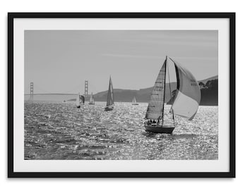 Sailboats in San Francisco Fine Art Photography Print - Golden Gate Bridge Wall Art, Framed or Unframed B&W SF Bay Area Photo for Home Decor