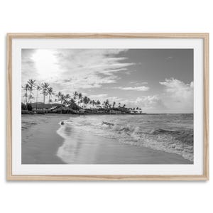 Schwarzweiß-Tropisches Wandkunst- Kauai Sunrise Beach Fine Art Fotografie Druck, gerahmtes oder ungerahmtes B & W Küsten Poster für Wohnkultur