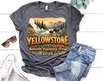 Camiseta del Parque Nacional de Yellowstone personalizada con nombre para viaje de vacaciones familiares