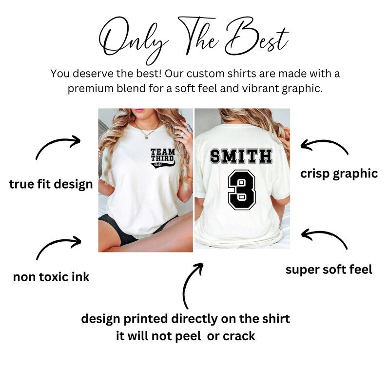 K&ouml;nnte beinhalten: Zwei wei&szlig;e T-Shirts mit schwarzem Text. Ein Shirt sagt "TEAM THIRD" und das andere sagt "SMITH 3". Die Shirts werden auf einem wei&szlig;en Hintergrund mit Pfeilen gezeigt, die auf den Text zeigen und die Eigenschaften der Shirts beschreiben, wie "passgenaue Passform", "scharfe Grafik", "superweiches Gef&uuml;hl" und "ungiftige Tinte".