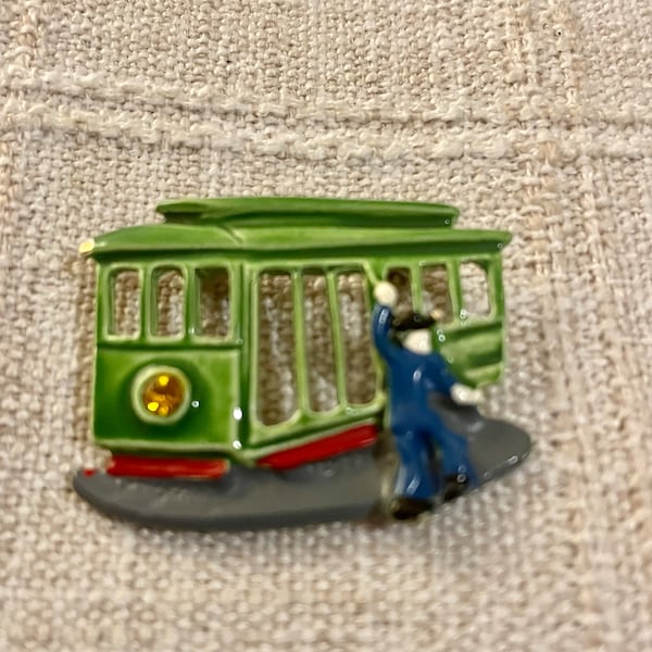 Vintage Cable Car Pin Enameled 1940s Brooch Streetcar