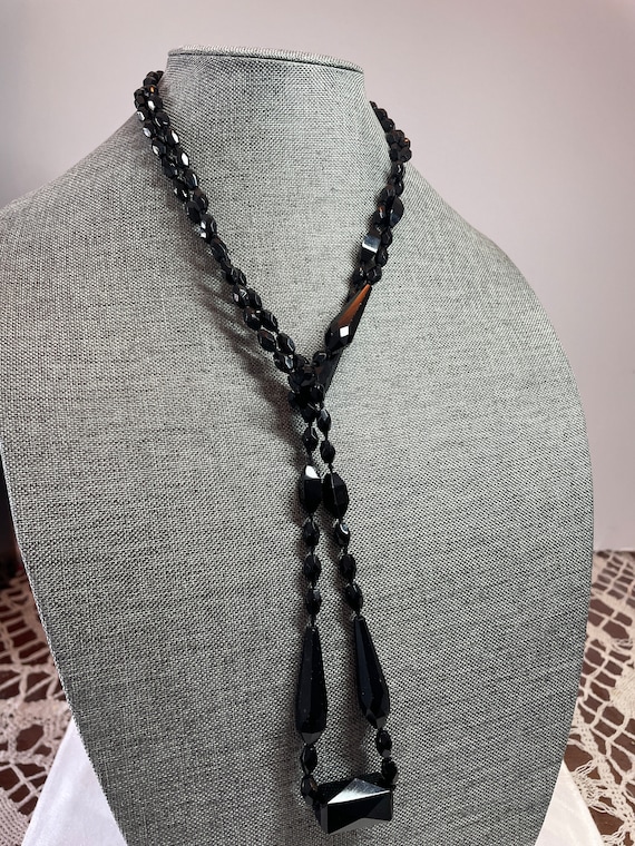 Vintage Jet Black Art Glass Beaded Necklace 40”