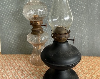 2 Vintage Oil Lamps one Peuter one Hobnail 7” tall