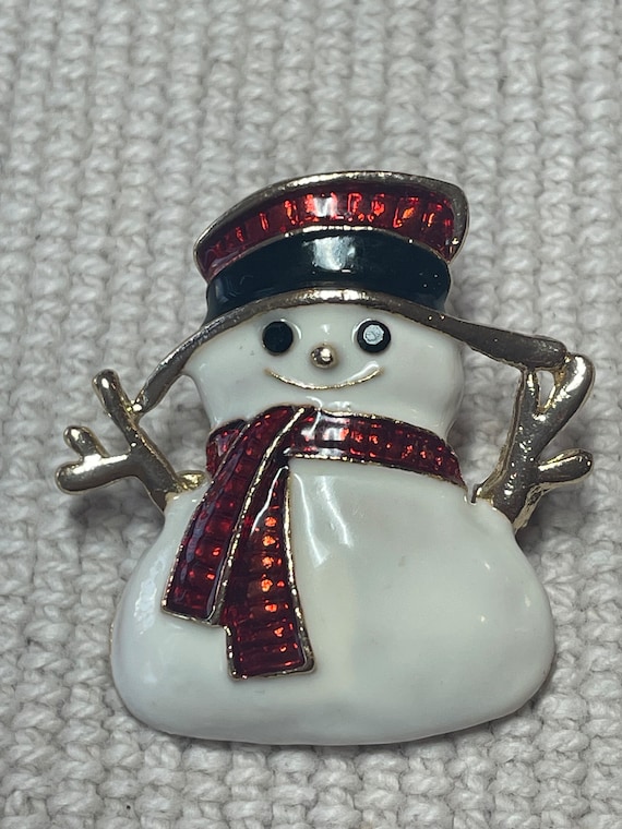 Christmas Brooch Enamel Snowman Red Scarf 1 1/4” - image 1