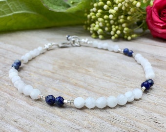 Genuine Moonstone & Lapis Beaded Bracelet with Karen Hill Silver Detail + 925 Silver Lobster Clasp - Handmade Boho Summer Everyday Jewellery