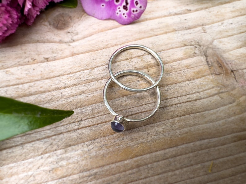 Elegant Iolite Stacking Rings with Polished and Hammered Bands image 2