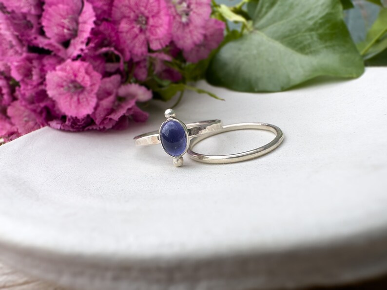 Elegant Iolite Stacking Rings with Polished and Hammered Bands image 6