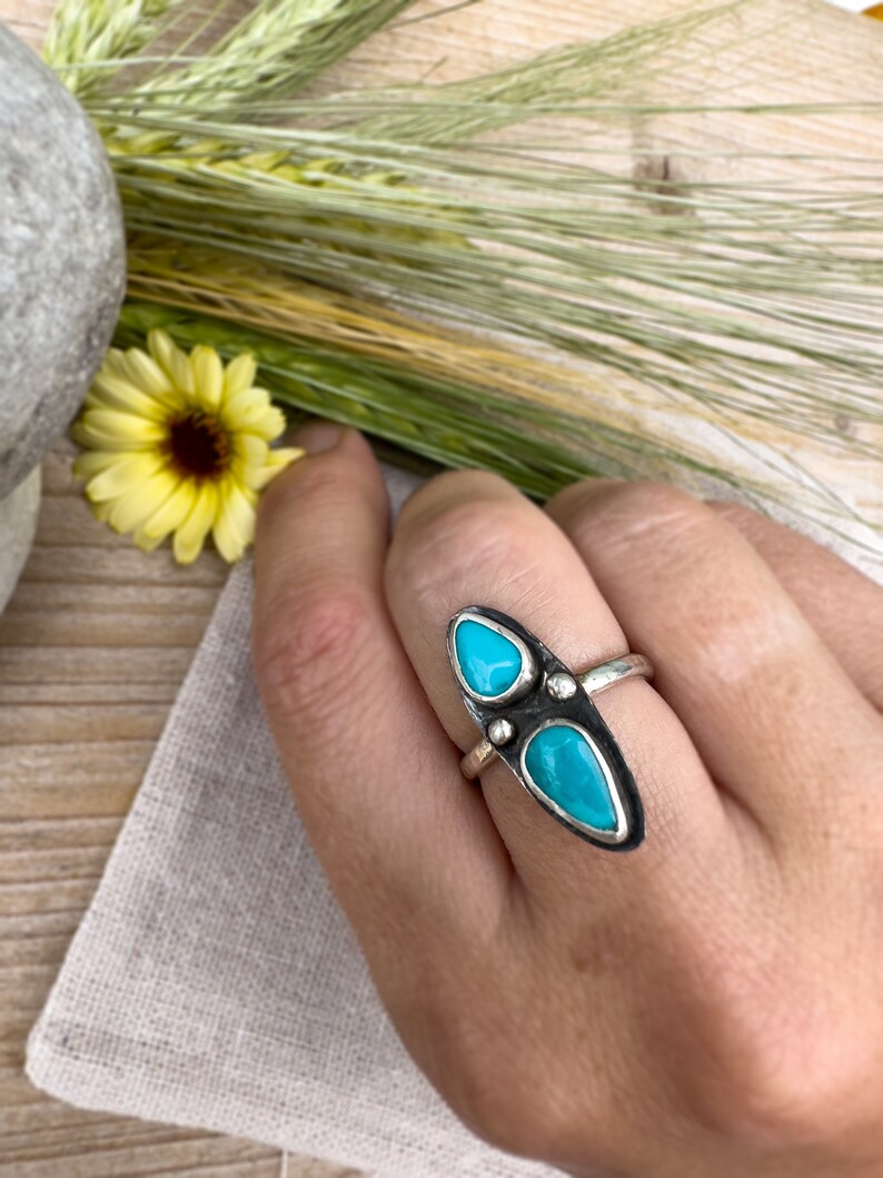 One-of-a-Kind Sleeping Beauty Turquoise Statement Ring with Hammered Sterling Silver Band image 4