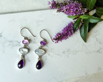 Lavender jade, moonstone and amethyst silver dangle earrings