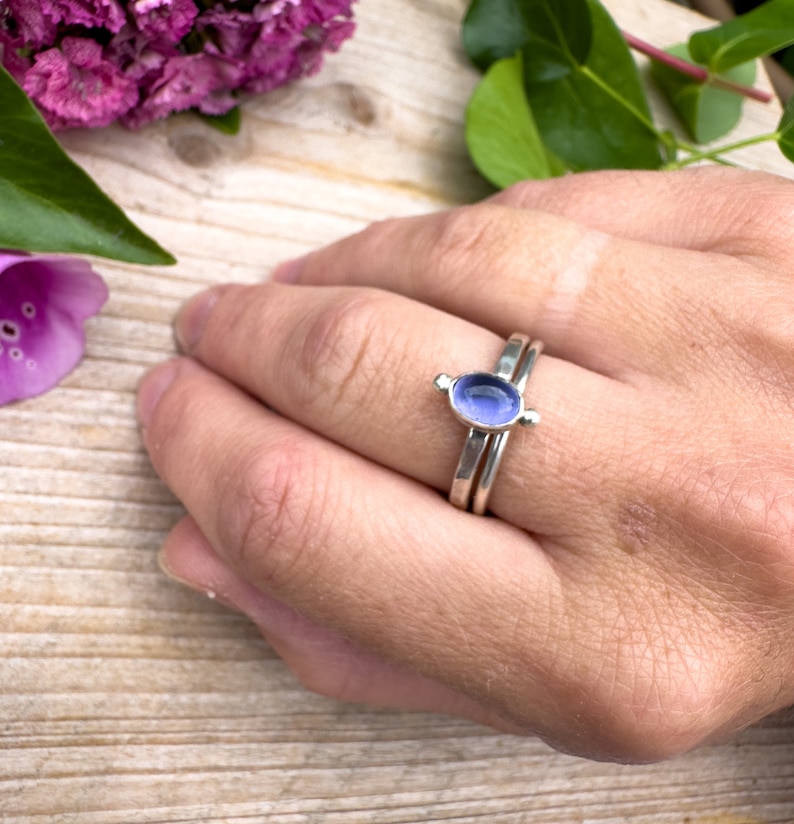 Elegant Iolite Stacking Rings with Polished and Hammered Bands image 4