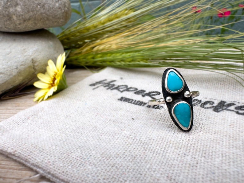 One-of-a-Kind Sleeping Beauty Turquoise Statement Ring with Hammered Sterling Silver Band image 5