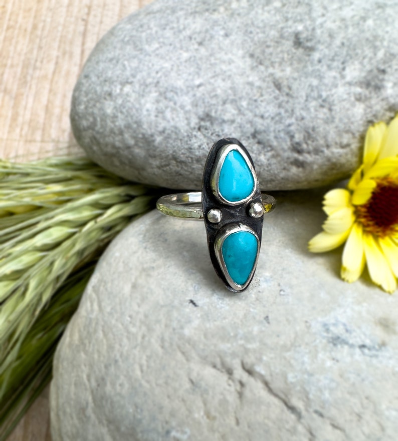 One-of-a-Kind Sleeping Beauty Turquoise Statement Ring with Hammered Sterling Silver Band image 6