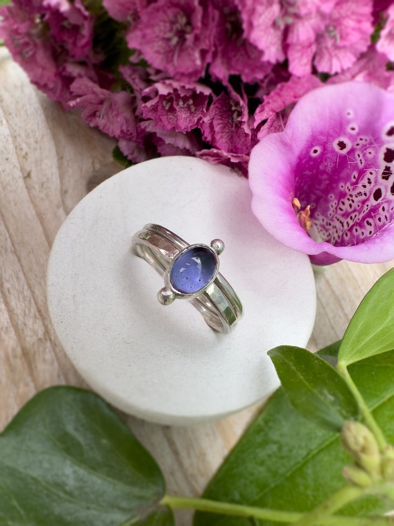 Elegant Iolite Stacking Rings with Polished and Hammered Bands image 1