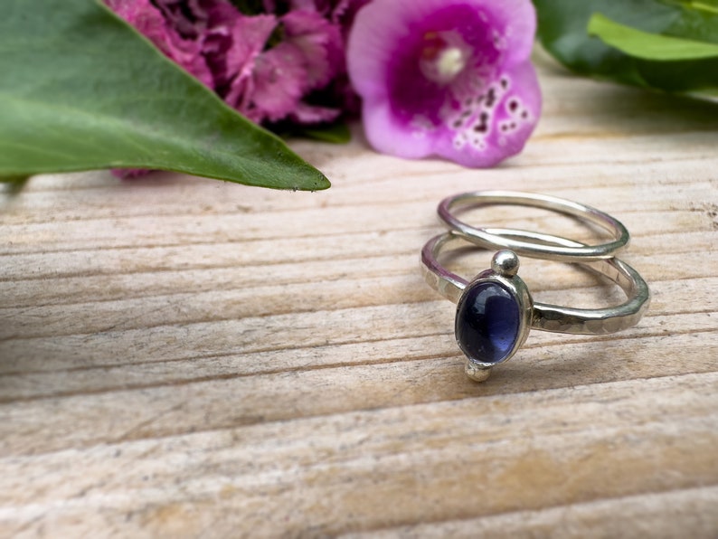 Elegant Iolite Stacking Rings with Polished and Hammered Bands image 3