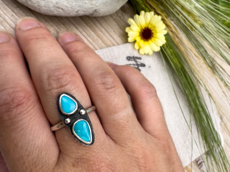 One-of-a-Kind Sleeping Beauty Turquoise Statement Ring with Hammered Sterling Silver Band image 2