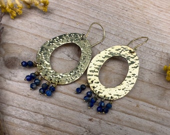 Hammered Brass and Lapis Beaded Dangle Earrings - Unique and One of a Kind.