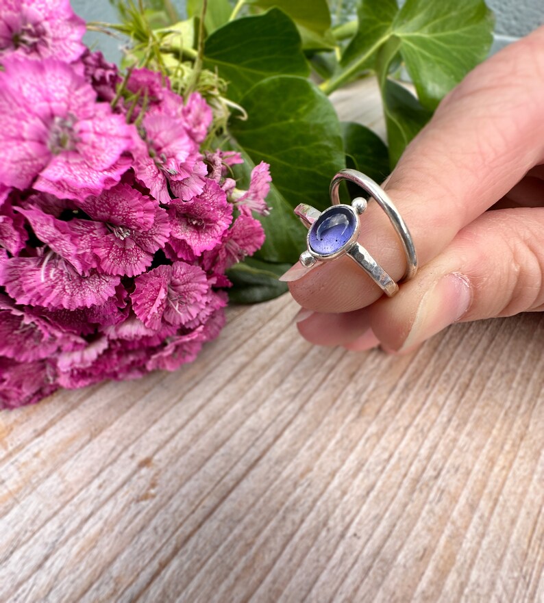 Elegant Iolite Stacking Rings with Polished and Hammered Bands image 5