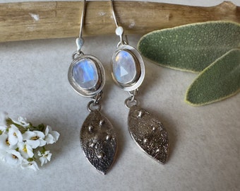 Handcrafted Sterling Silver Drop Earrings with Blue Flash Moonstones - Unique Autumn Leaf Design
