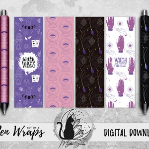 May include: Set of four pen wraps with mystical designs. The wraps feature patterns of hands, crystal balls, moons, and eyes in purple, pink, and black. The pens are black and purple. The words "with vibes" and "witch please" are visible.