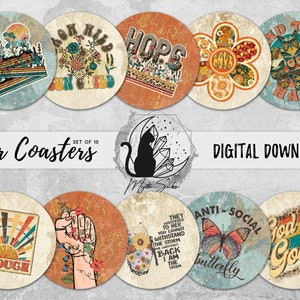 Boho Car Coaster Png Bundle, Trendy Coaster Designs, Disco Sublimation Graphics, Rainbow Instant Download, Sketched Printable Graphics