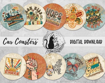 Boho Car Coaster Png Bundle, Trendy Coaster Designs, Disco Sublimation Graphics, Rainbow Instant Download, Sketched Printable Graphics